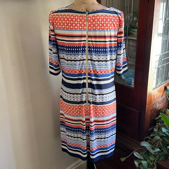 Pink & Blue Mixed Print Midi Shift Dress Size 12 Scoop Neck Back Zip Bohemian - Picture 3 of 16